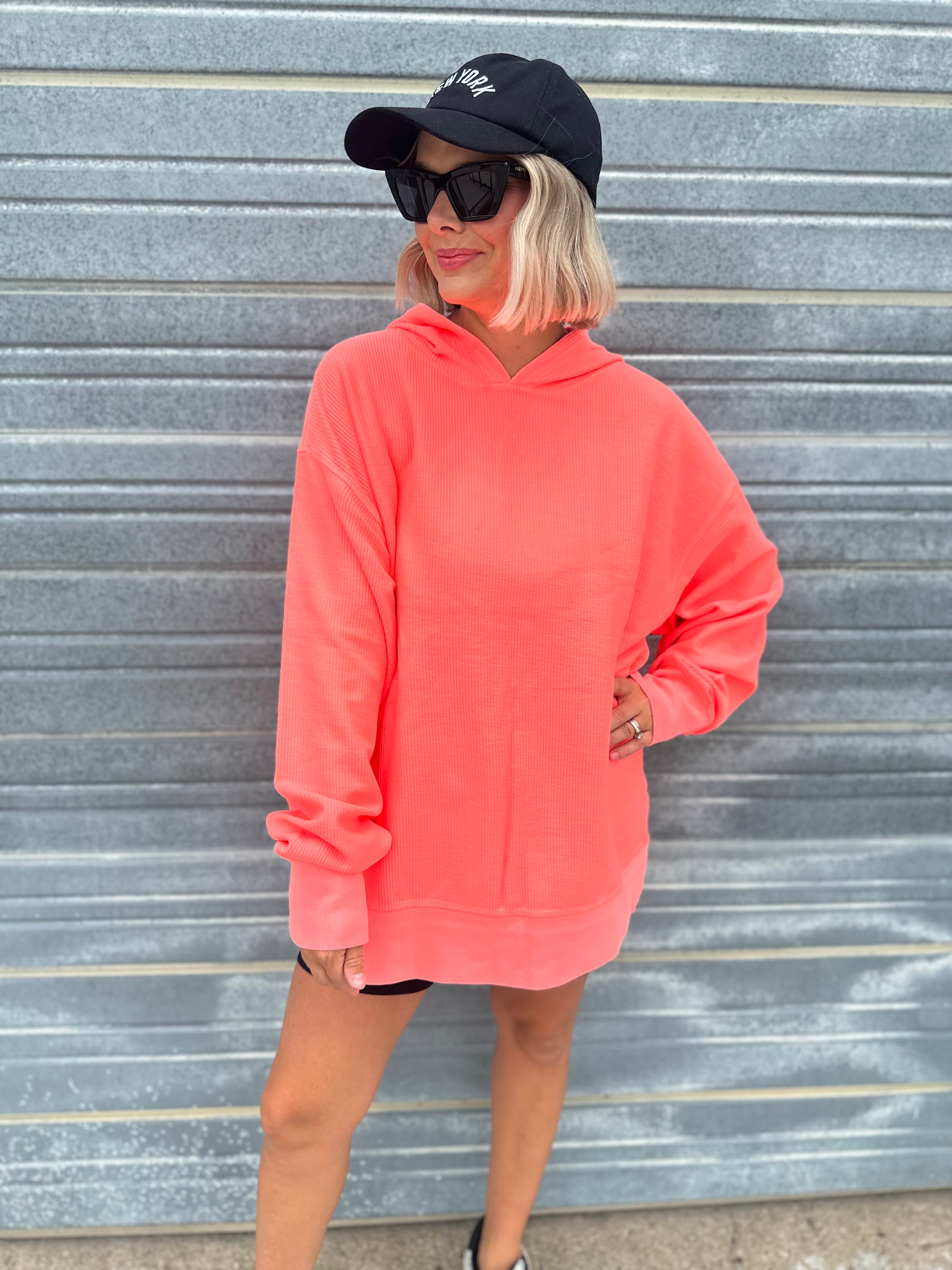 Hooded Corded Sweatshirt - Neon Coral – Olive & Ave Clothing Boutique