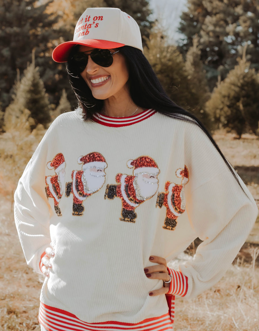 Corded Ribbed Sequin Patched Santa Claus Graphic Sweatshirt main image 0