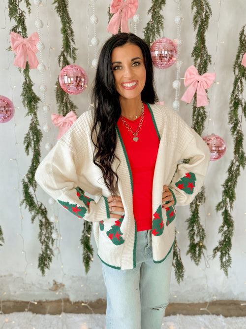 Christmas Tree Sweater Cardigan in Ivory