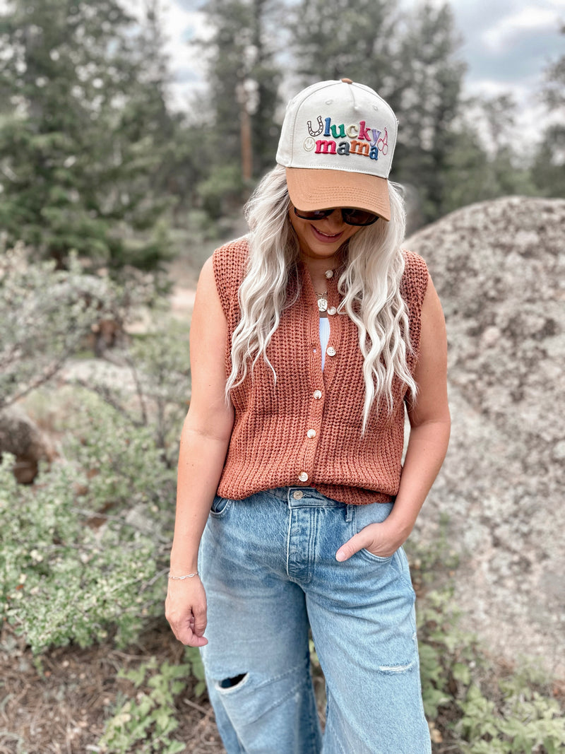 Jenna Button Up Sweater Vest in Brick