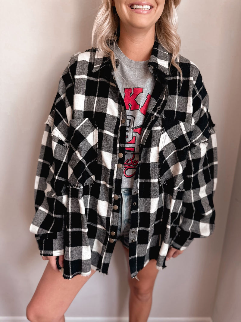 Black & White Plaid Flannel with Fringe