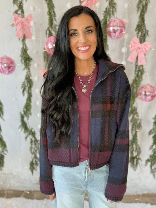 Patrick Zip Up Sweater in Navy Plaid
