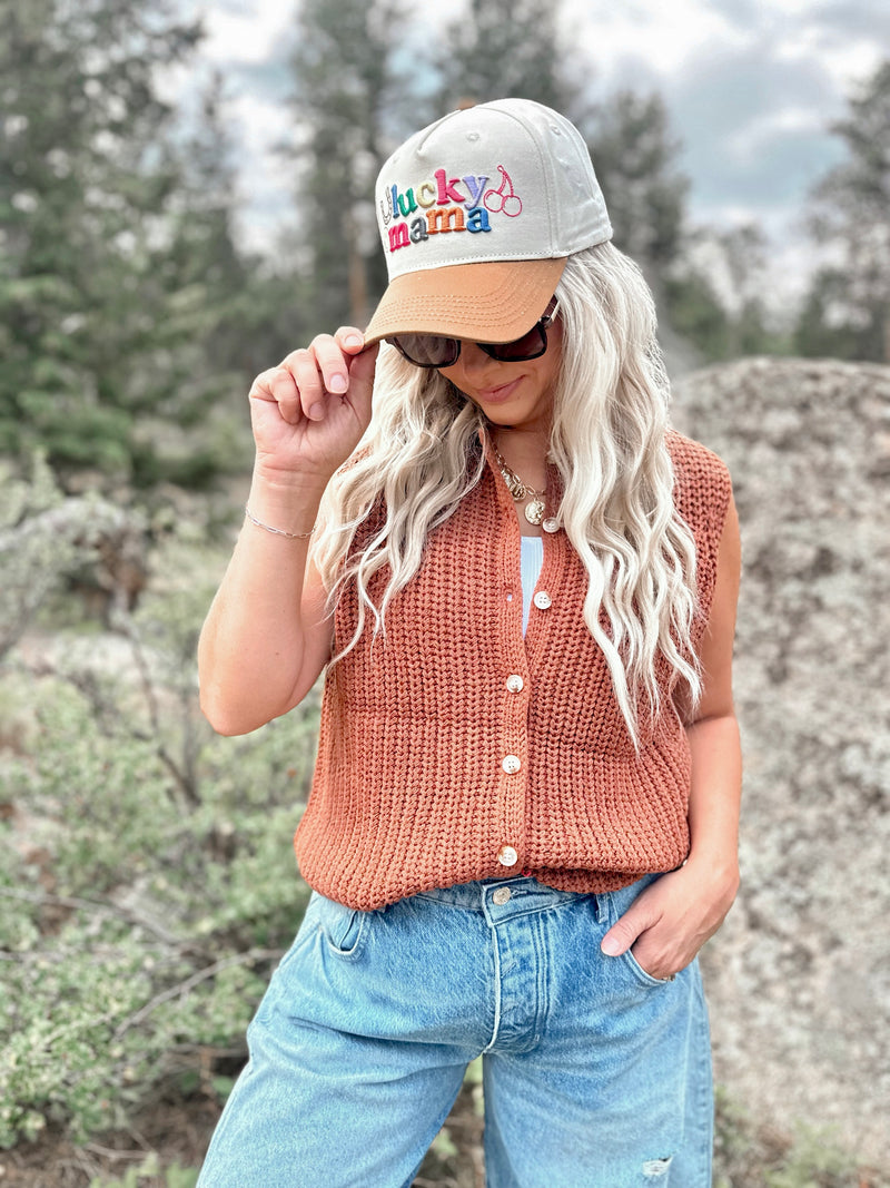 Jenna Button Up Sweater Vest in Brick