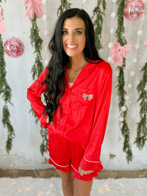 Red PJ Set with Embroidered Bow