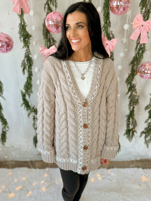 Kristine Oversized Cable Knit Cardigan in Grey