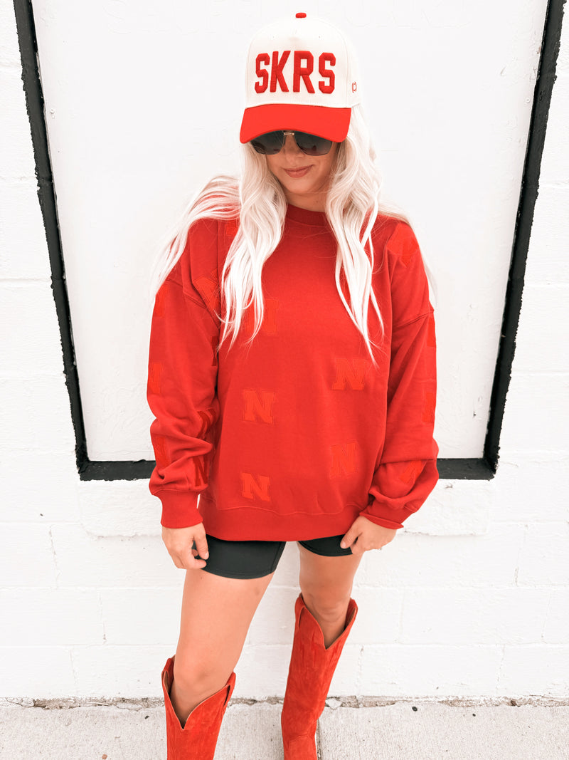 Nebraska Ritter Repeat Lantern Sleeve Crew- Red