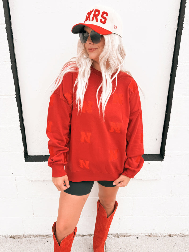 Nebraska Ritter Repeat Lantern Sleeve Crew- Red