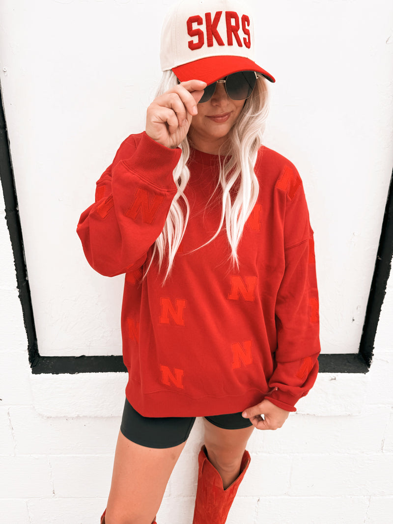 Nebraska Ritter Repeat Lantern Sleeve Crew- Red