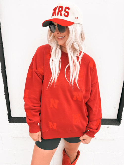 Nebraska Ritter Repeat Lantern Sleeve Crew- Red