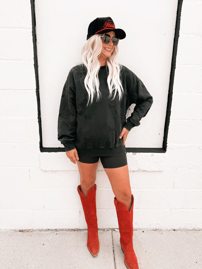 Nebraska Ritter Repeat Lantern Sleeve Crew- Black