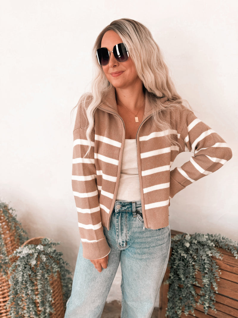 Desi Zip Up Sweater in Taupe & Cream