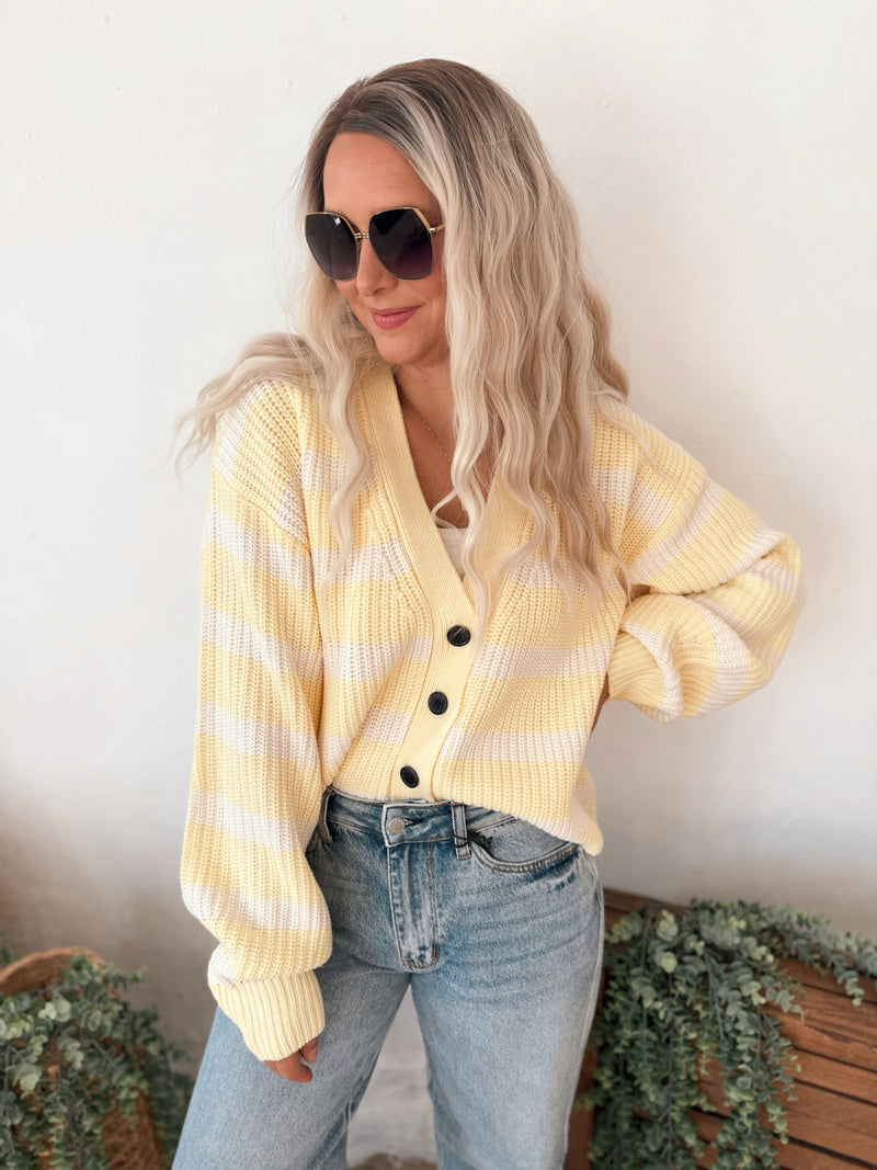 Mia Cardigan Sweater in Yellow Stripe โ Olive Ave Clothing Boutique