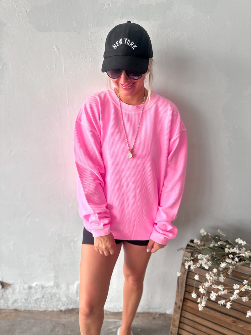 Corded Crewneck in Neon Pink