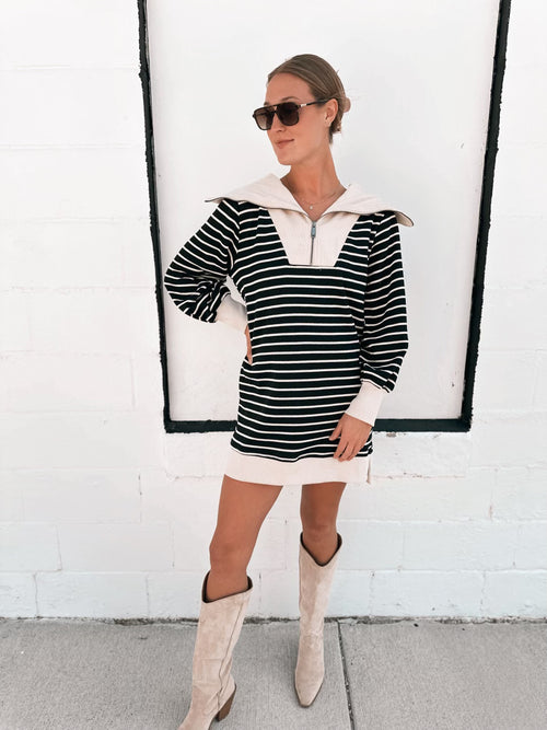 Ribbed Dress in Black & Tan Stripe