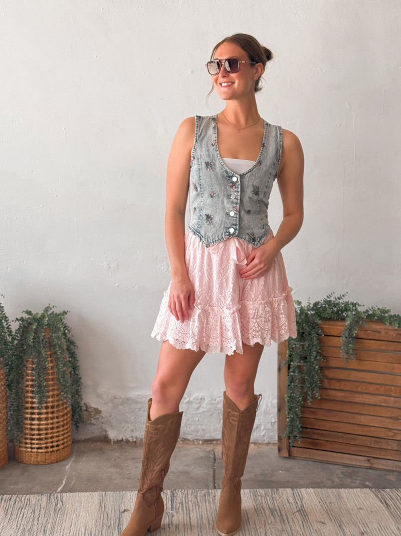 Embroidered Lace Skirt - Pink
