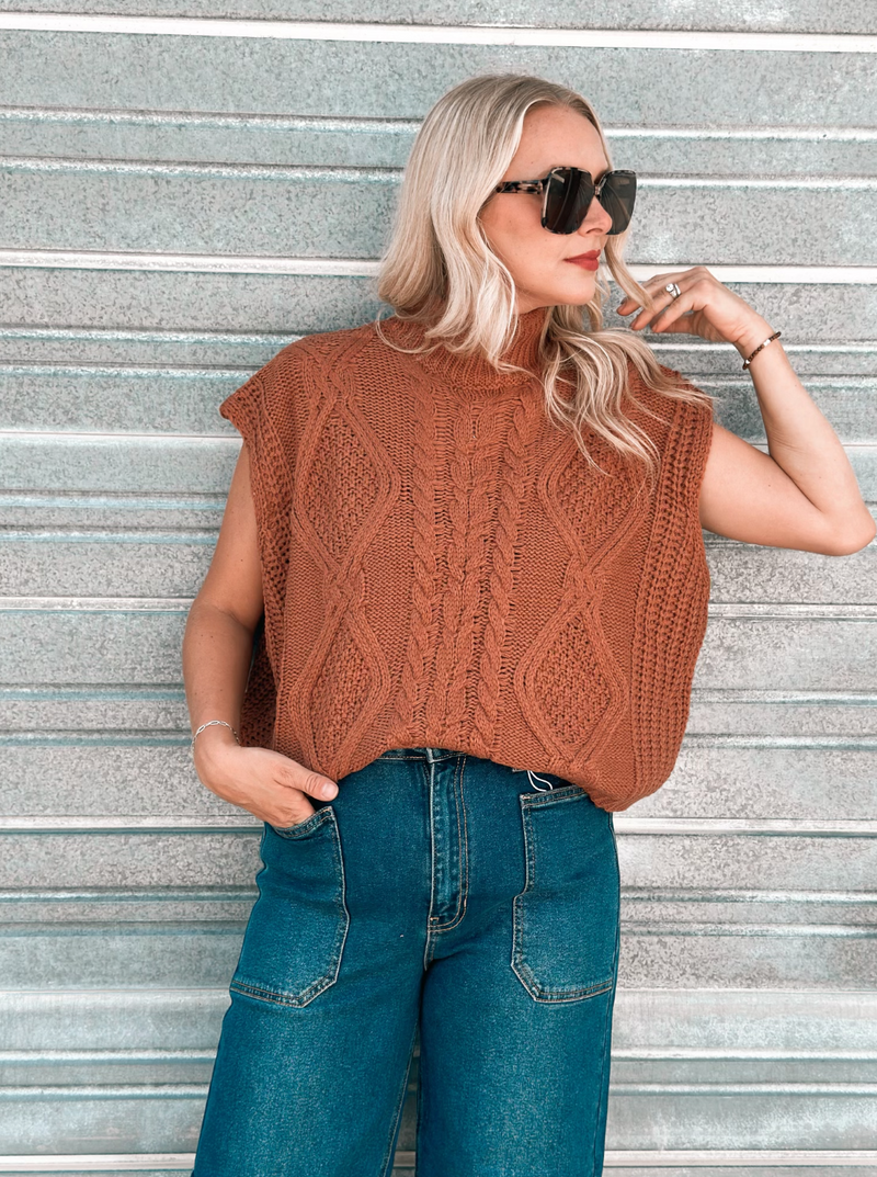Camel Mock Neck Sleeveless Cable Knit Sweater