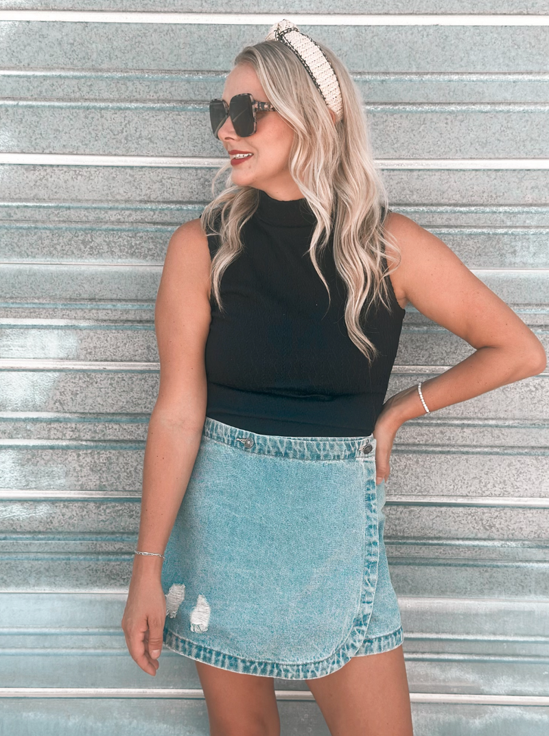 Black Mock Neck Cable Tank