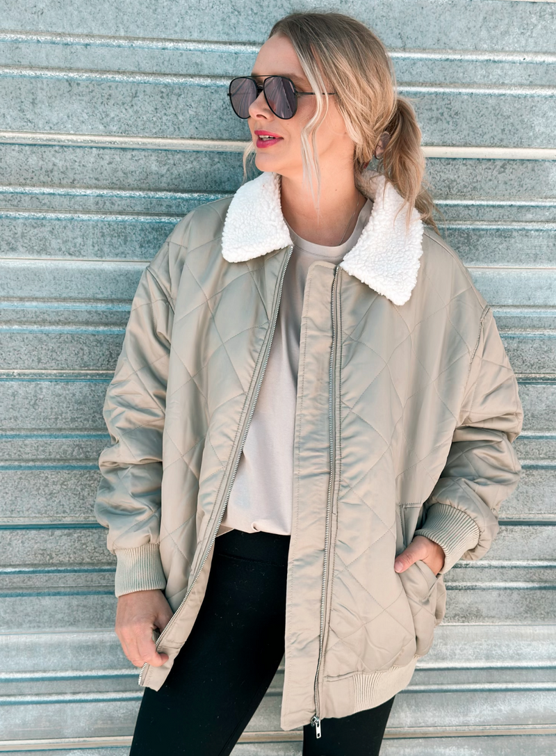 Olive Quilted Bomber with Sherpa Trim