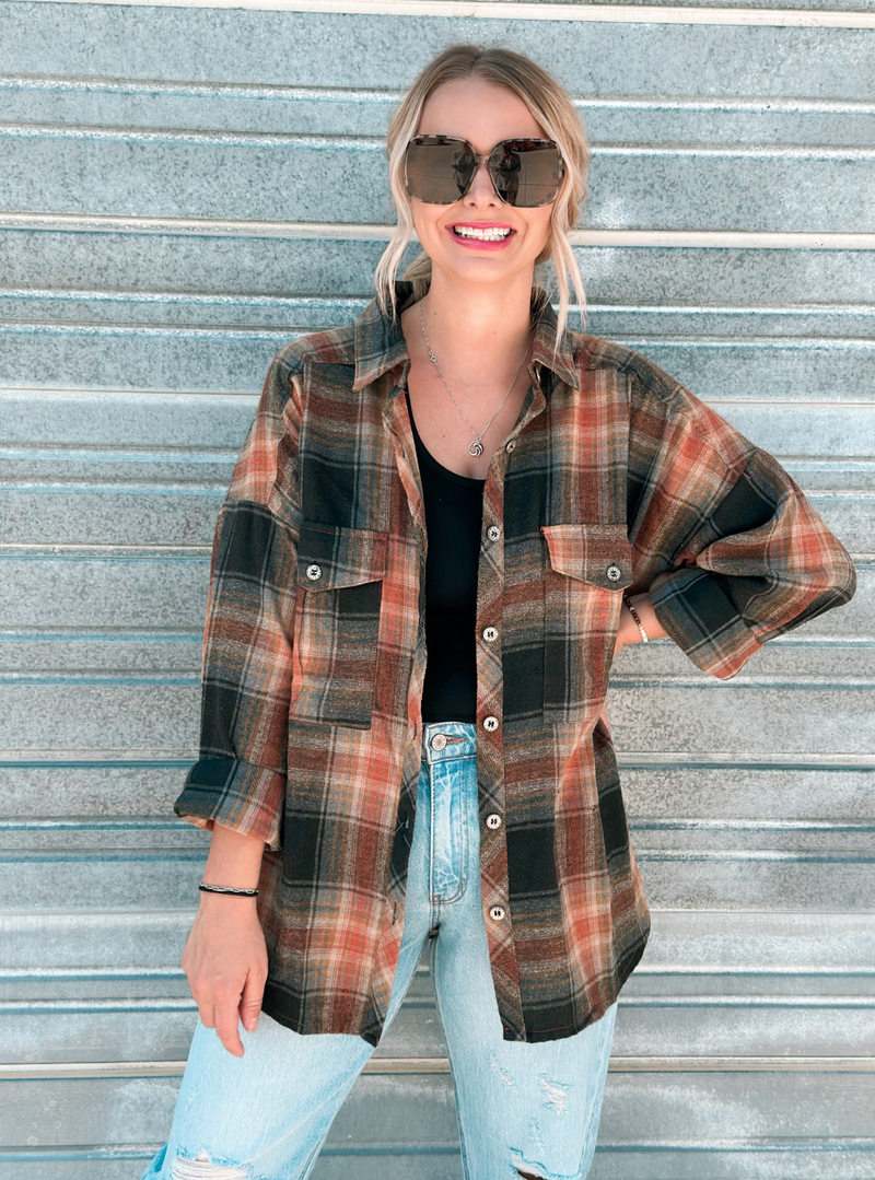 Falling Again Plaid Top in Black & Orange