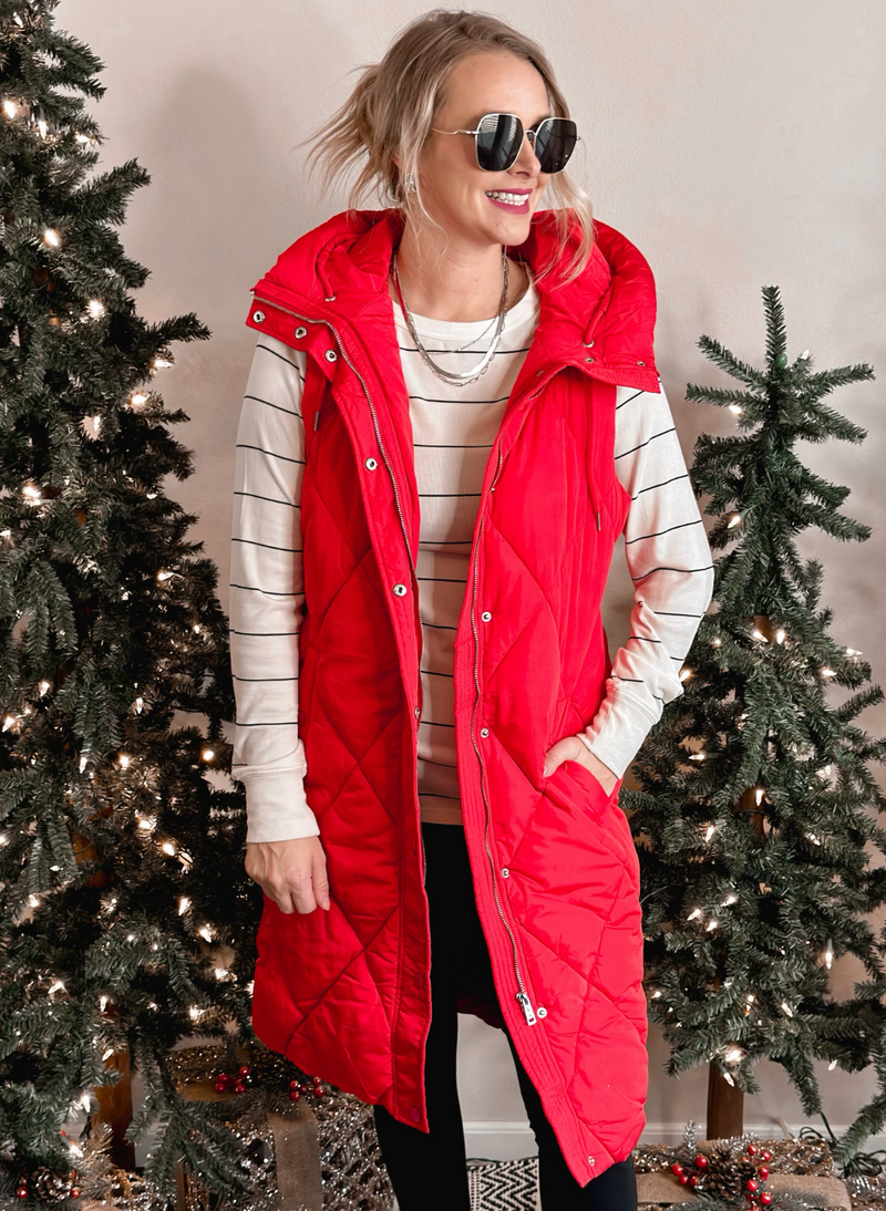 Long Puffer Vest- Red