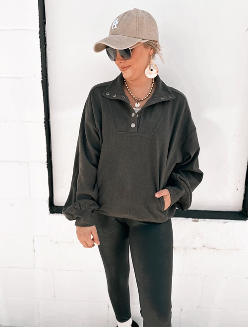 Charcoal Quarter Button Up Ribbed Pullover