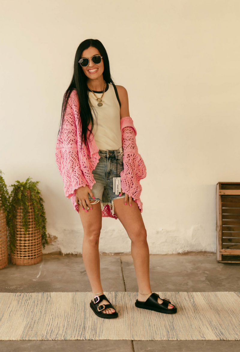 Baylor Hooded Crochet Cardigan in Pink