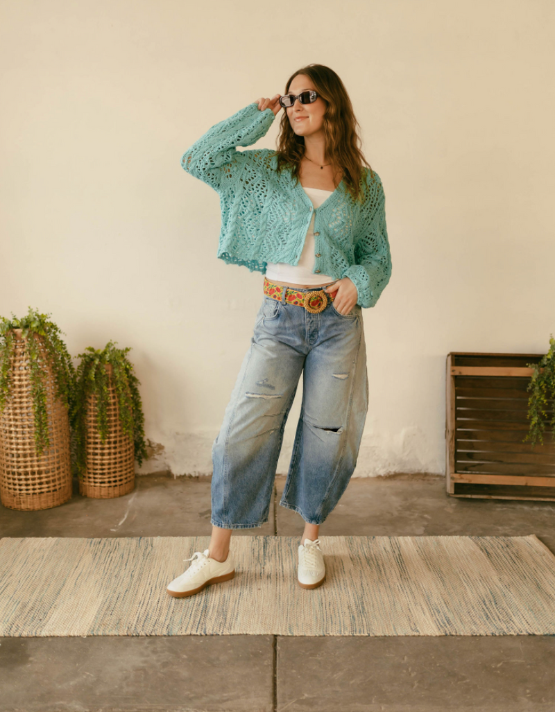 Brette Crochet Cropped Cardigan in Aqua
