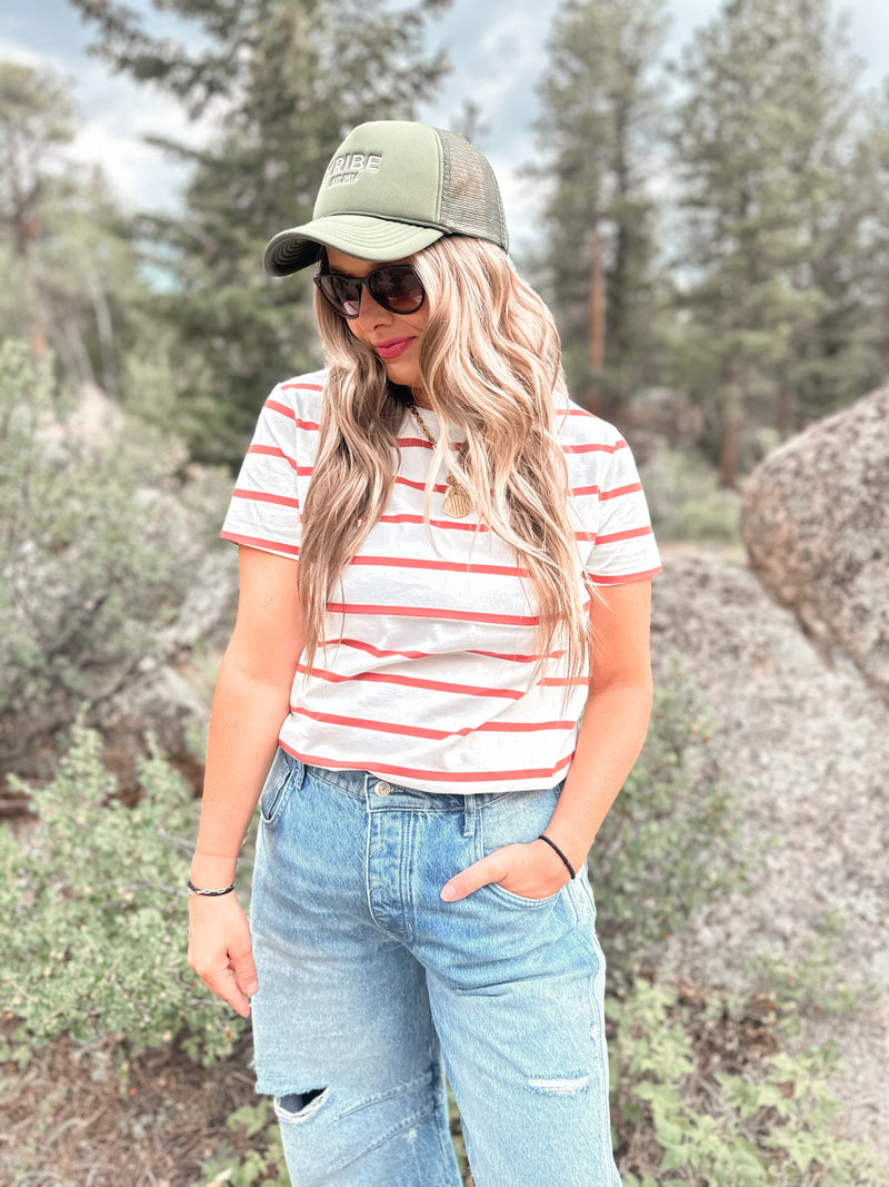 Asher Tee in White & Burnt Orange Stripe