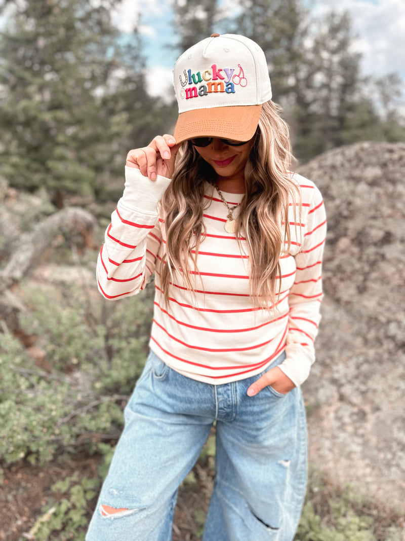 Stacy Top in Off White & Chili Stripe