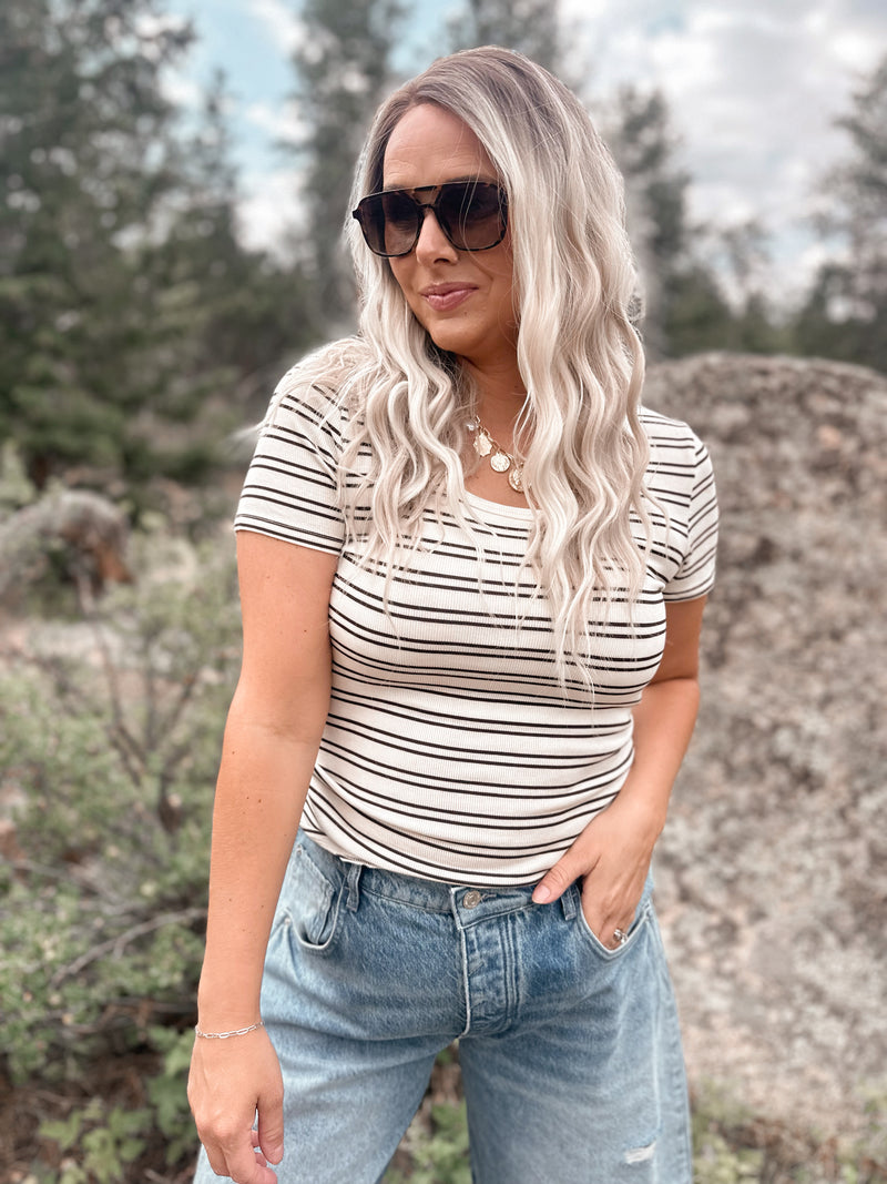 Katara Tee in Off White & Coffee Stripe