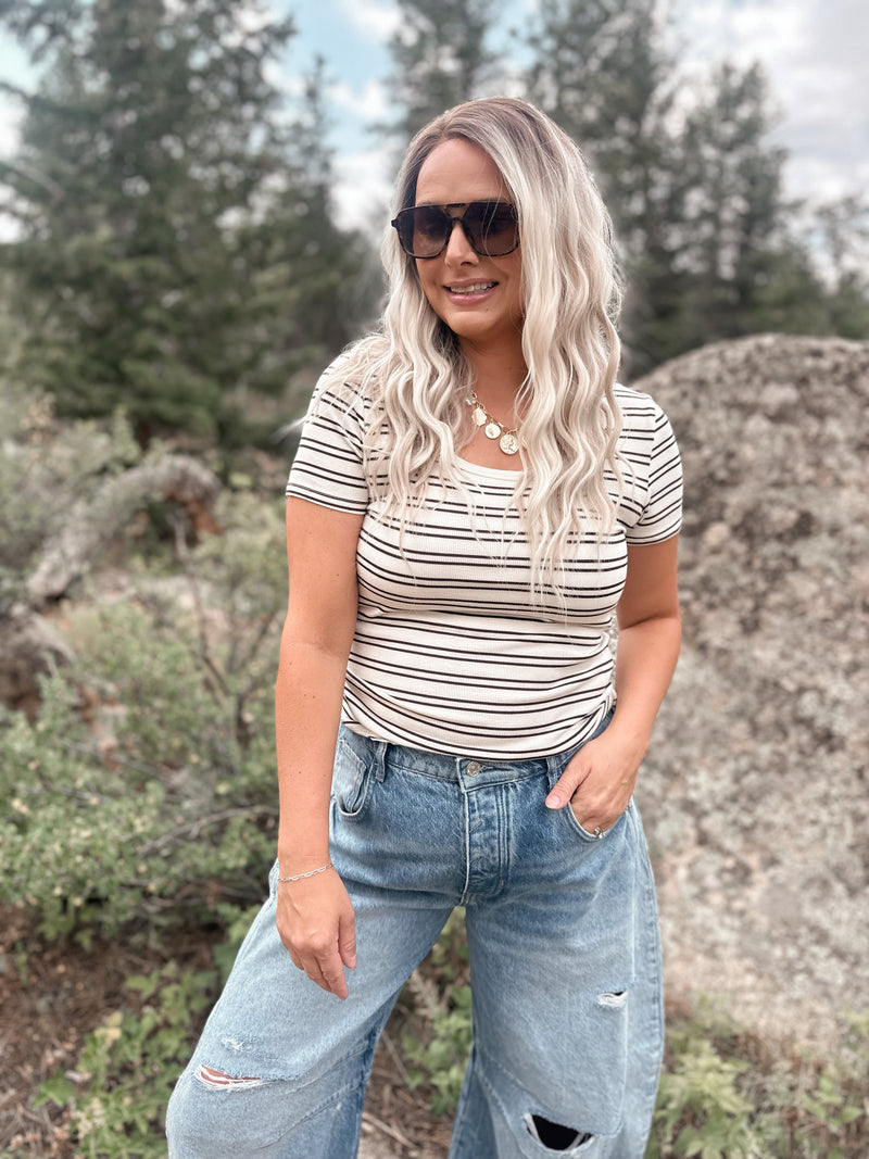 Katara Tee in Off White & Coffee Stripe