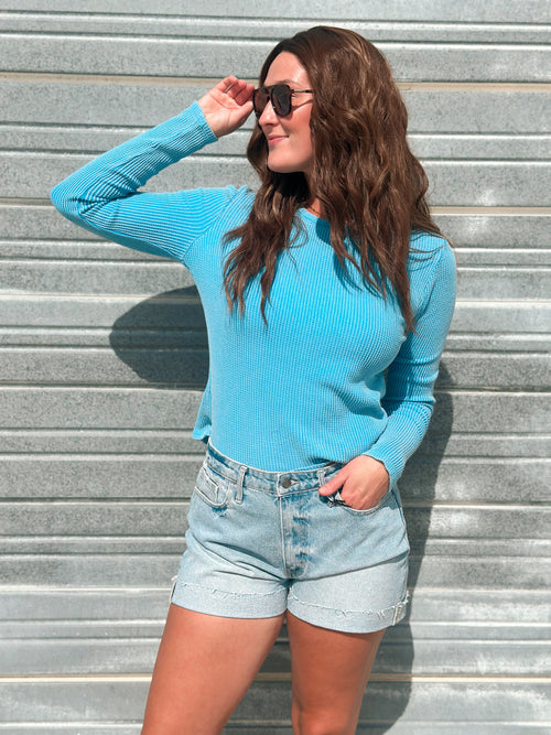 Kayla Waffle Long Sleeve in Ocean Blue
