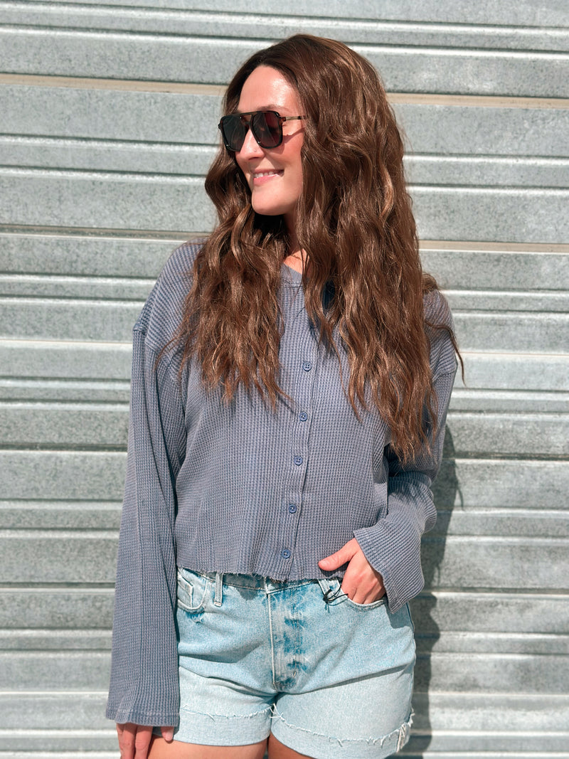 Mayci Waffle Button Up in Dusty Indigo