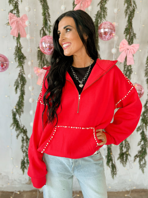 Rikkie Hooded Half Zip in Red Jewel