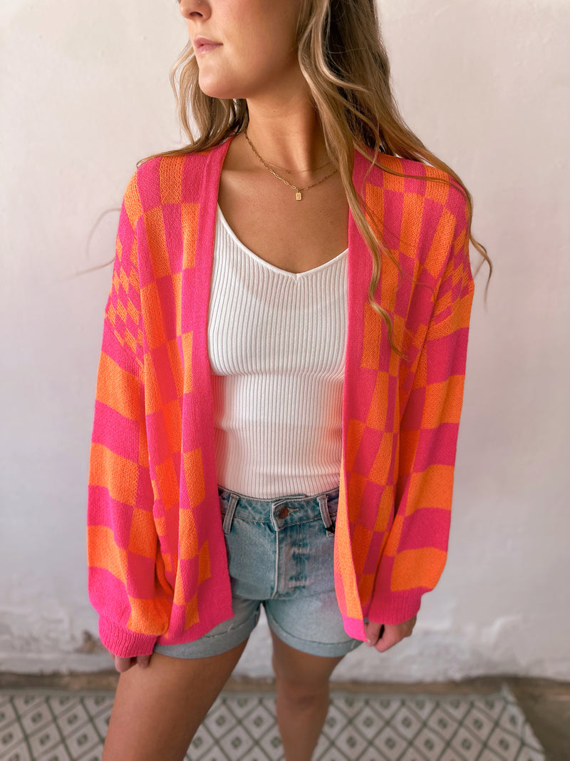 Cici Checkered Cardigan in Pink & Orange