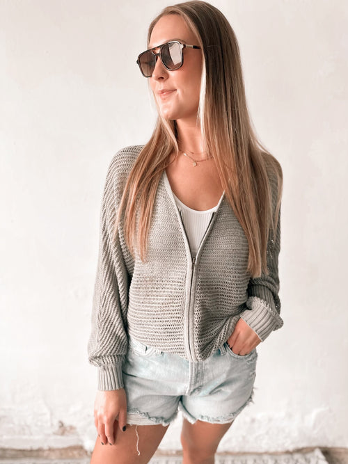 Geno Open Knit Zip Up Sweater in Smoked Sage