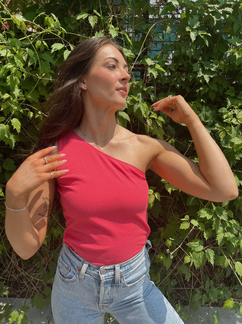 Brighter Days One Shoulder Top in Fuchsia