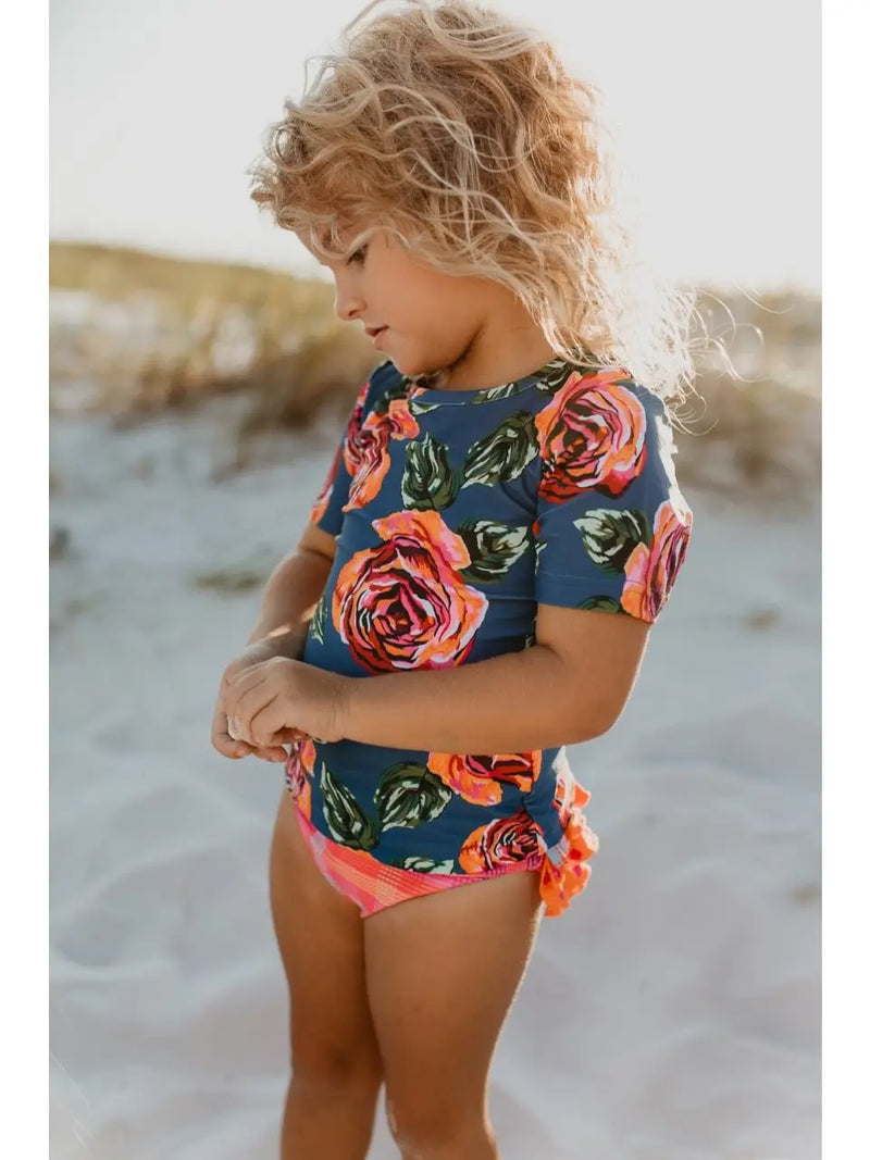 Teal & Coral Rose Swimsuit