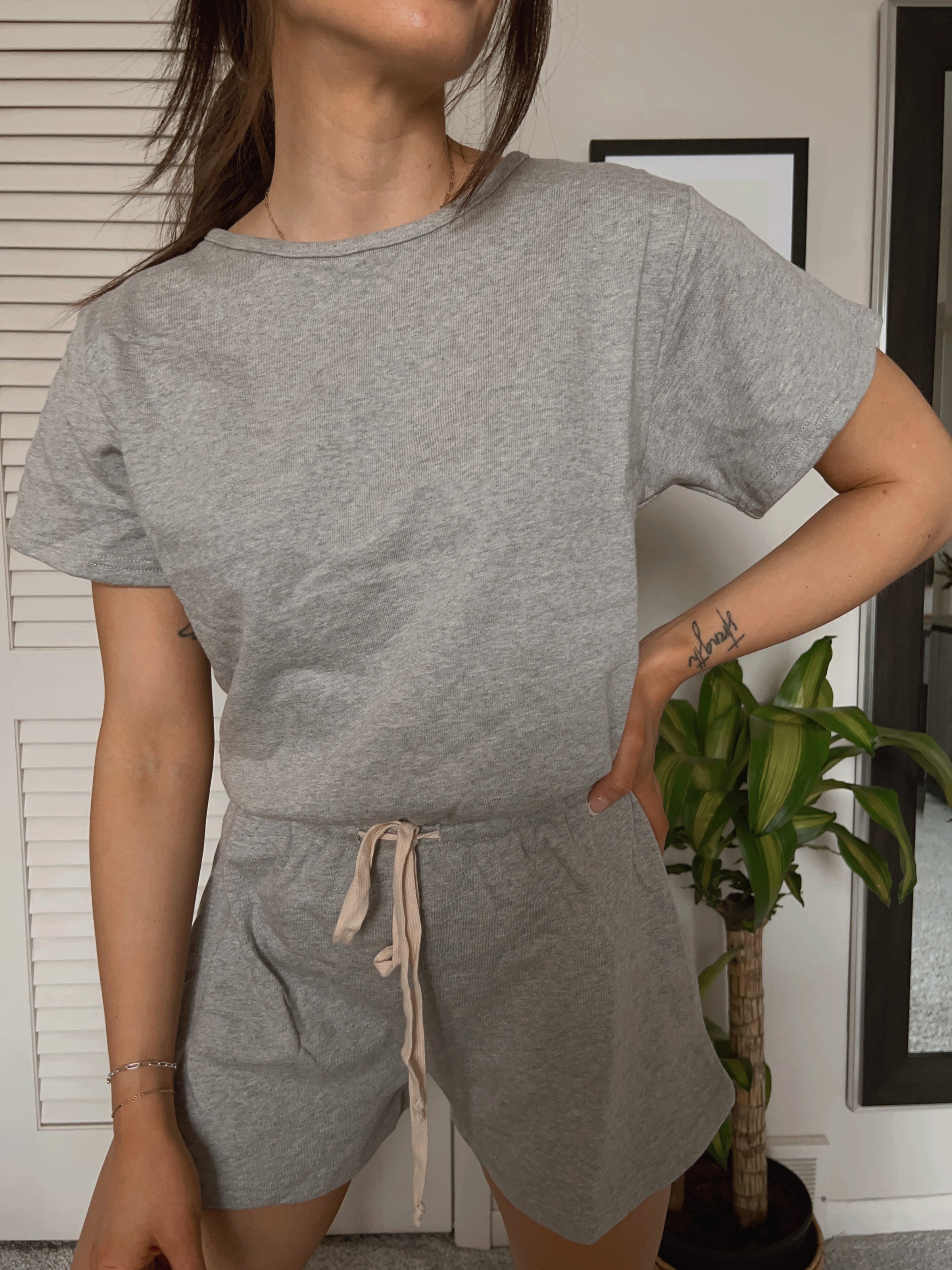 Heather Gray Drawstring Lounge Romper Olive Ave Clothing Boutique